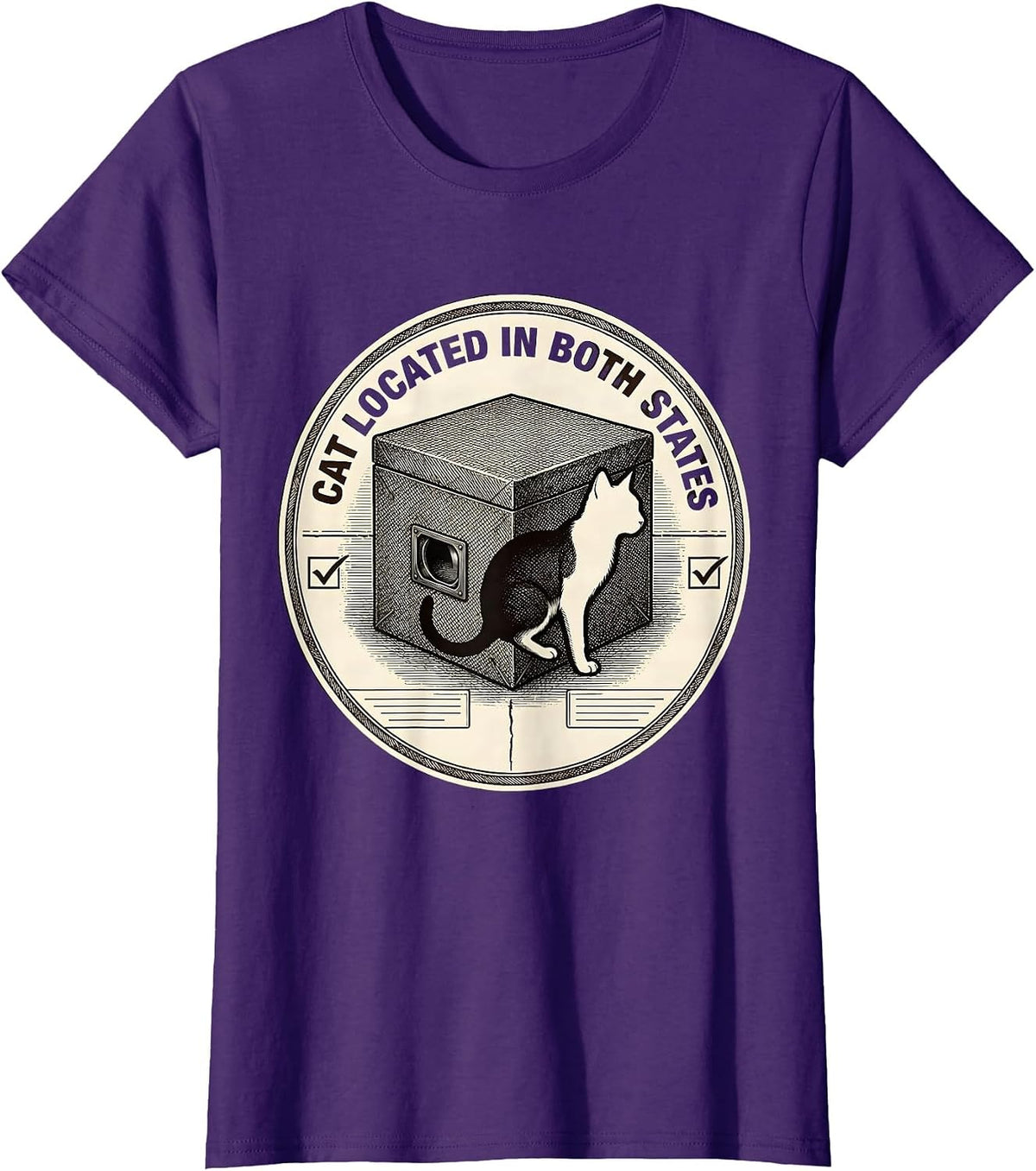 Women's Cat Located In Both States Quantum Physics Humor T-Shirt - Purple