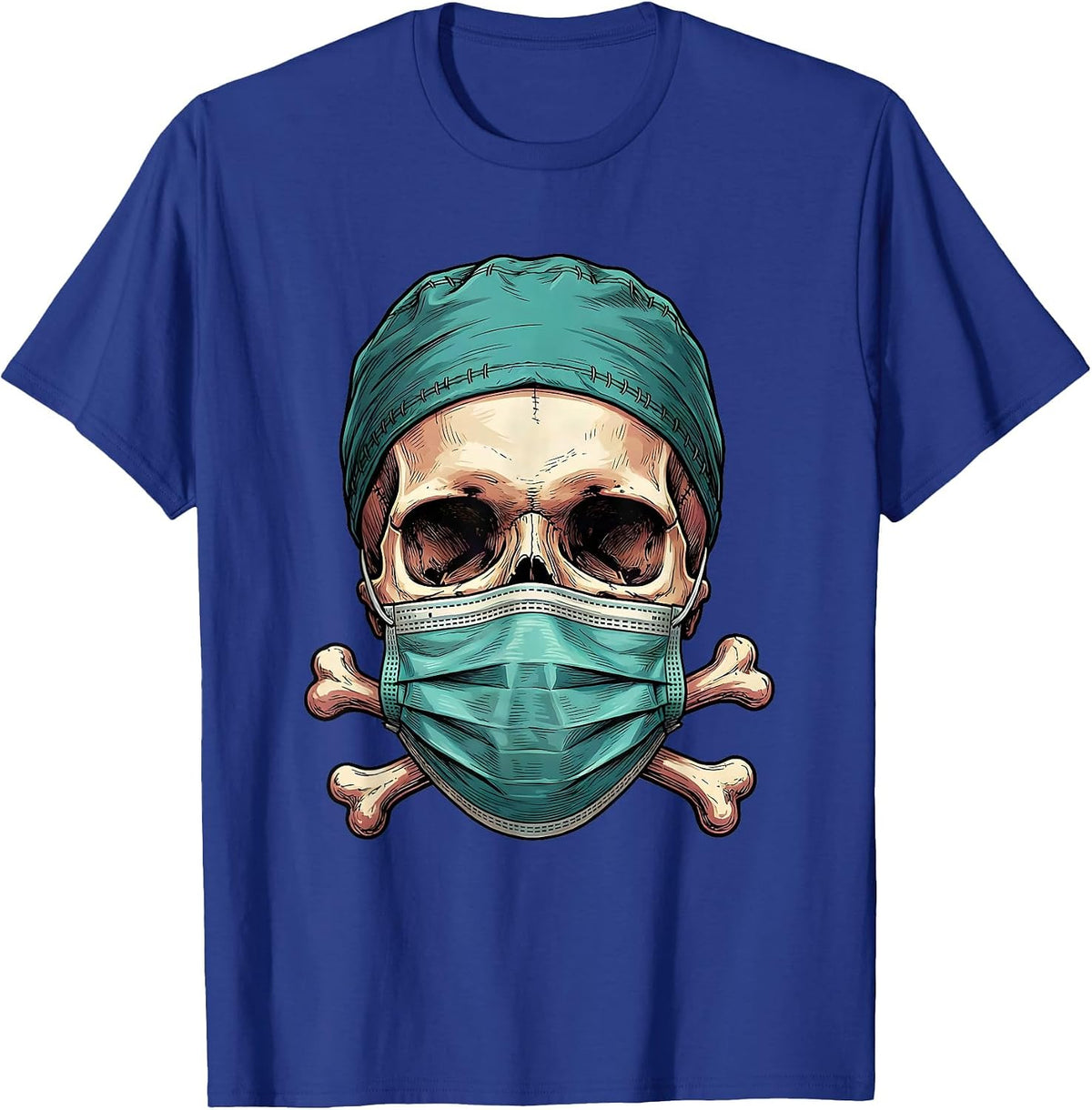 Skull Surgeon Scrub Cap Surgical Mask Design T-Shirt - Royal Blue