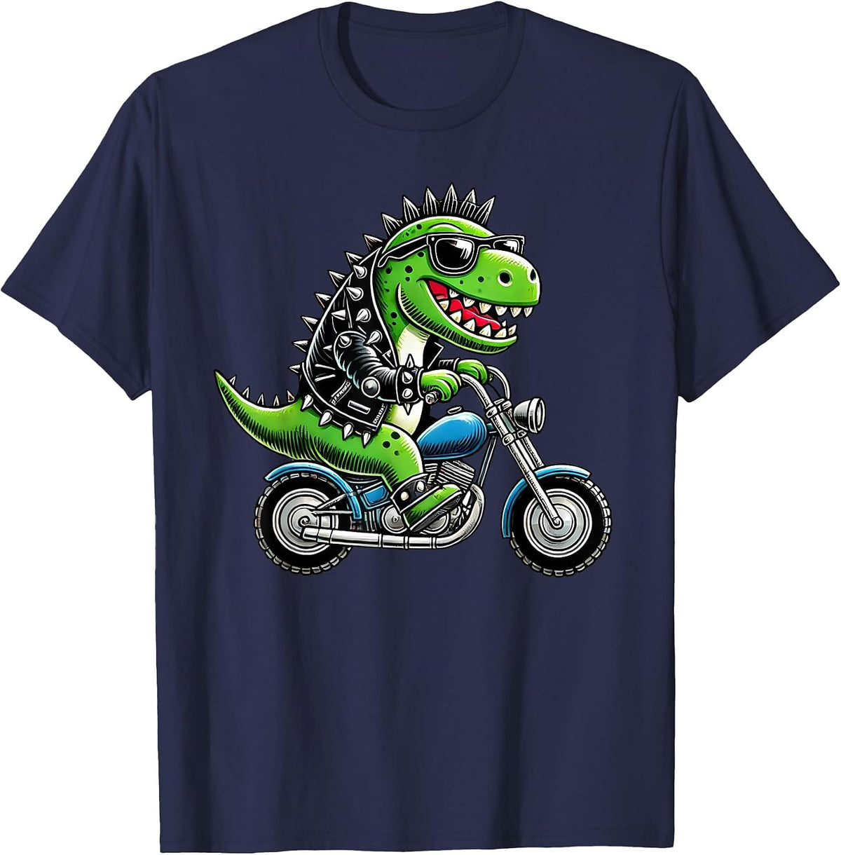 Cute Punk Biker Dinosaur, Funny Dino Riding Motorcycle, Bike T-Shirt - Navy Blue