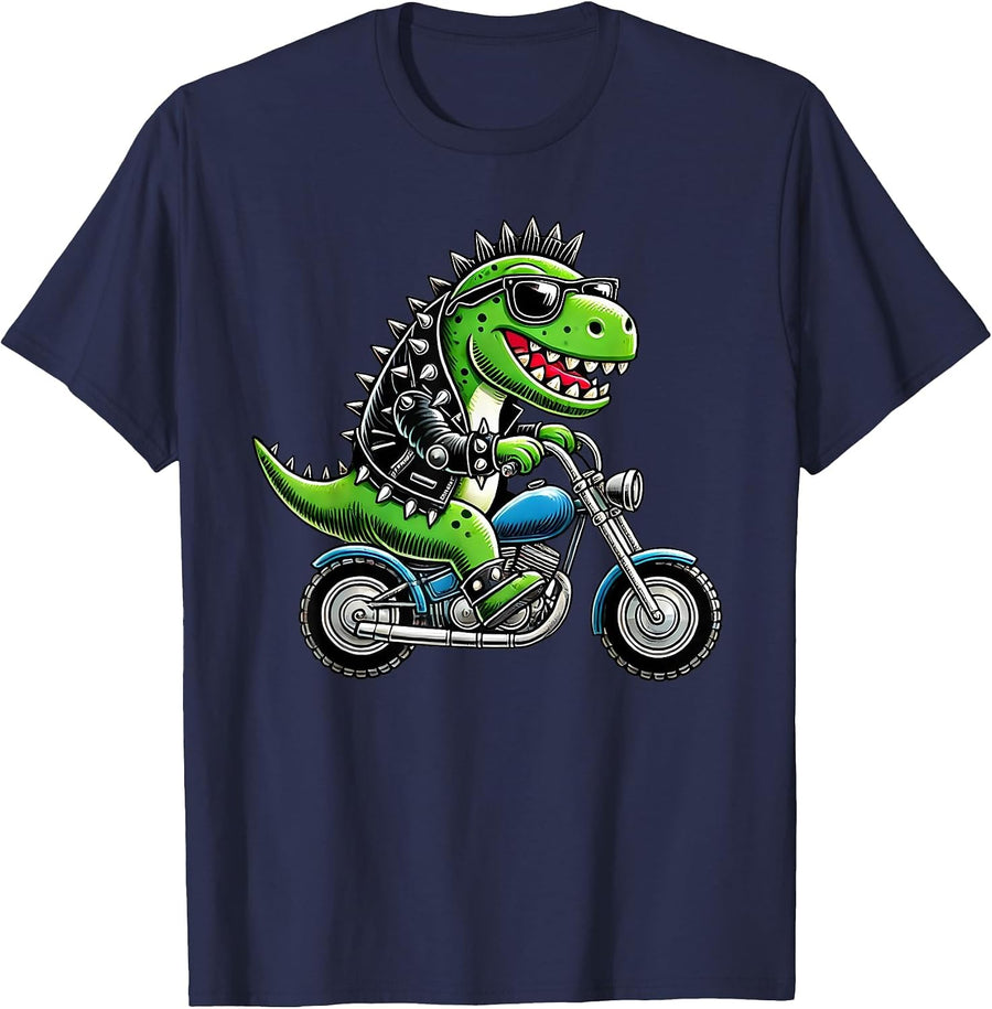 Cute Punk Biker Dinosaur, Funny Dino Riding Motorcycle, Bike T-Shirt - Navy Blue
