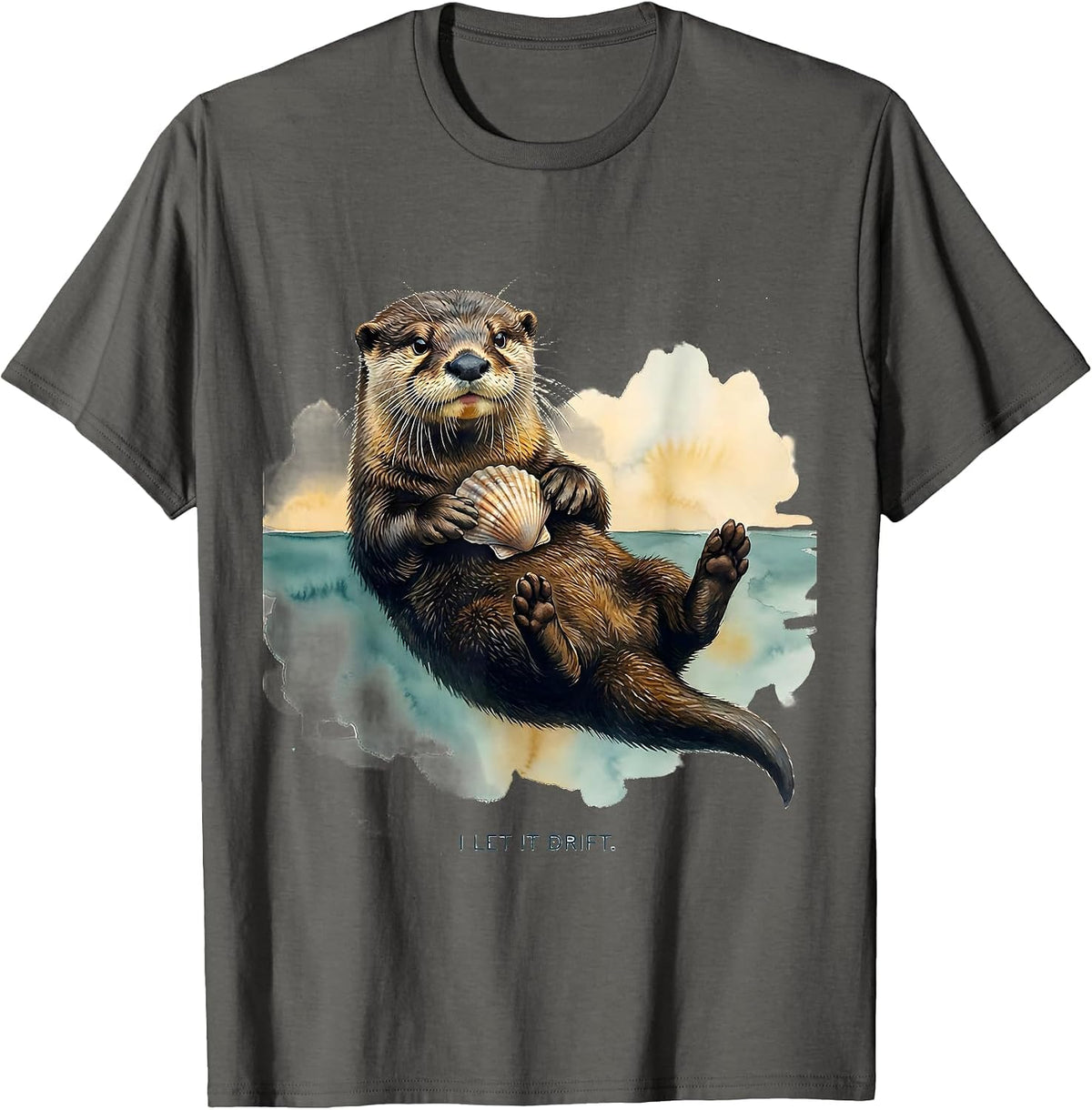 Men's I Let It Drift Watercolor River Otter Animal Lover Humor T-Shirt - Asphalt Grey