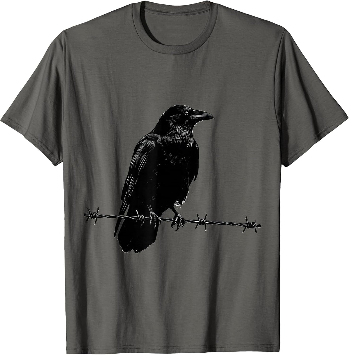 Men's Crow on Barbed Wire Fence Illustration T-Shirt - Asphalt Grey