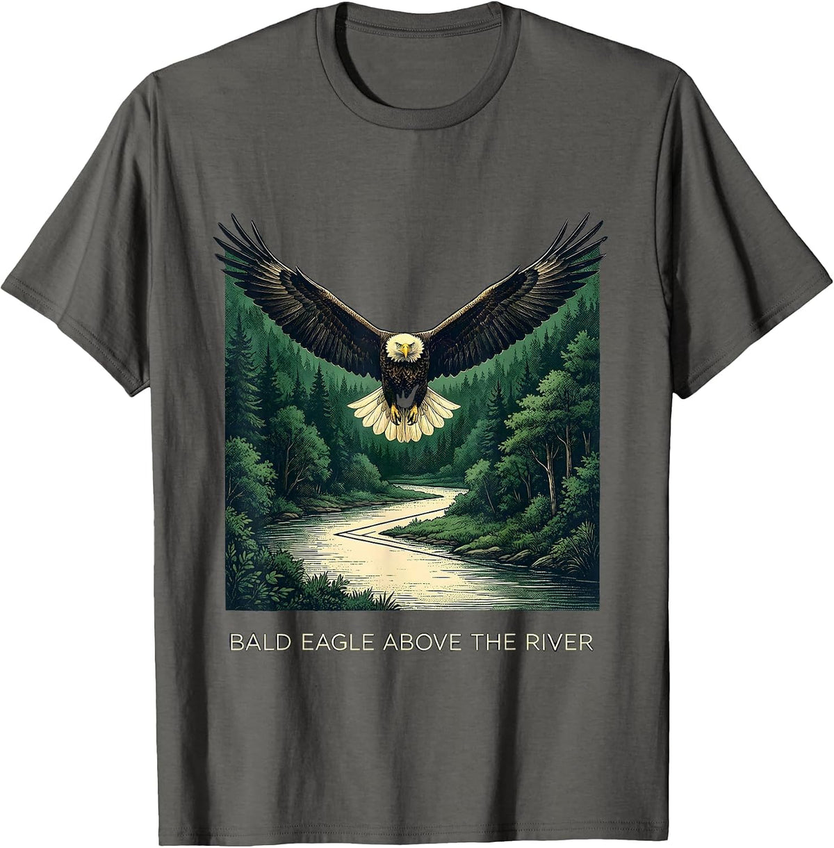 Bald Eagle Above The River Nature Patriotic Wildlife Lover T-Shirt - Asphalt Grey