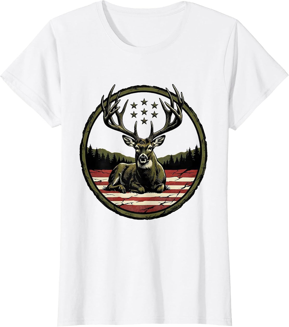 Whitetail Buck Patriotic Deer Hunter Dad Gift T-Shirt - White
