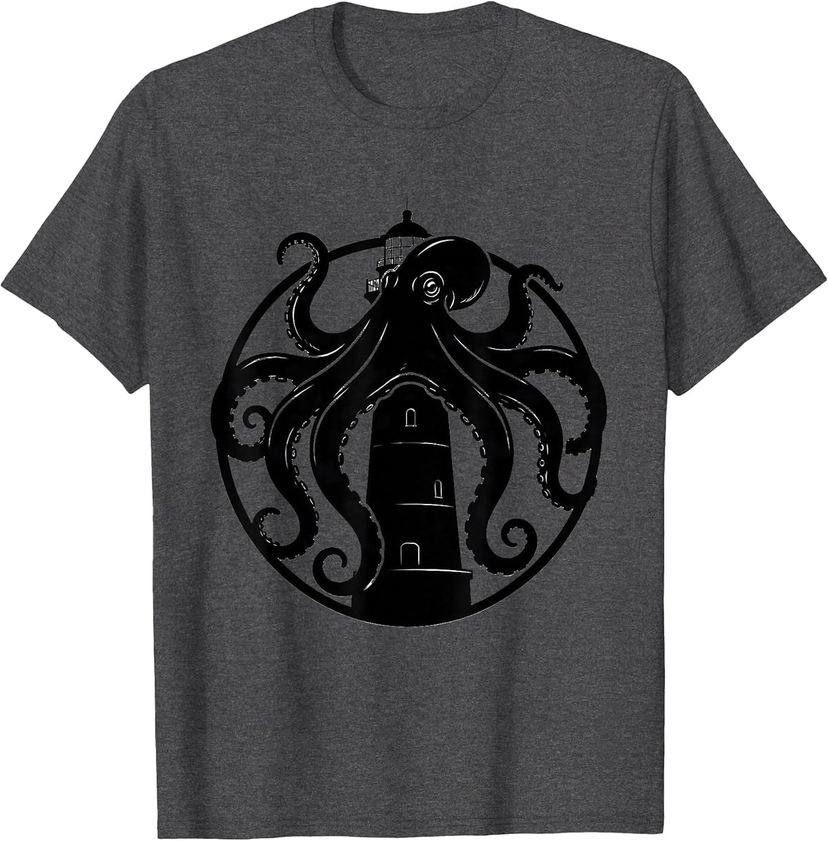 Giant Octopus Gripping Lighthouse Pirate Design T-Shirt - Dark Heather Grey