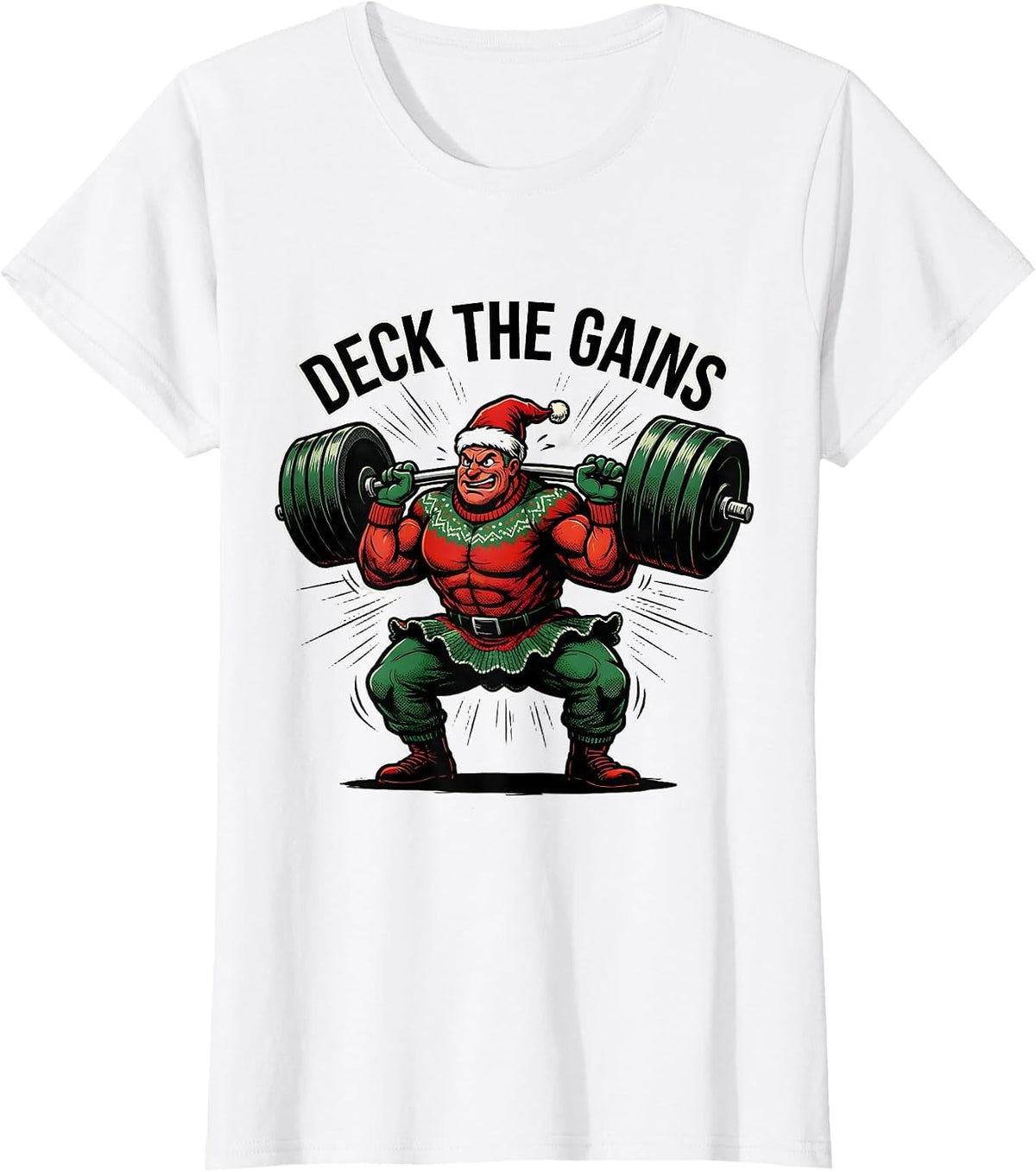 Women's Deck The Gains Funny Comic Book Christmas Gym Weightlifting T-Shirt - White