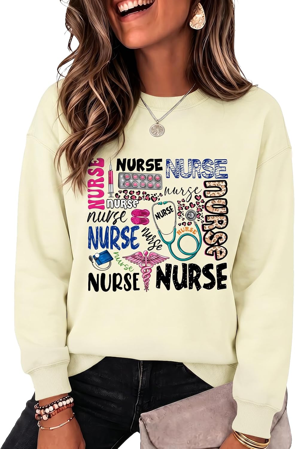 Nurse Sweatshirt for Women Graphic Crewneck Long Sleeve Stethoscope Nursing Sweatshirts Nurses Christmas Pullover - Apricot