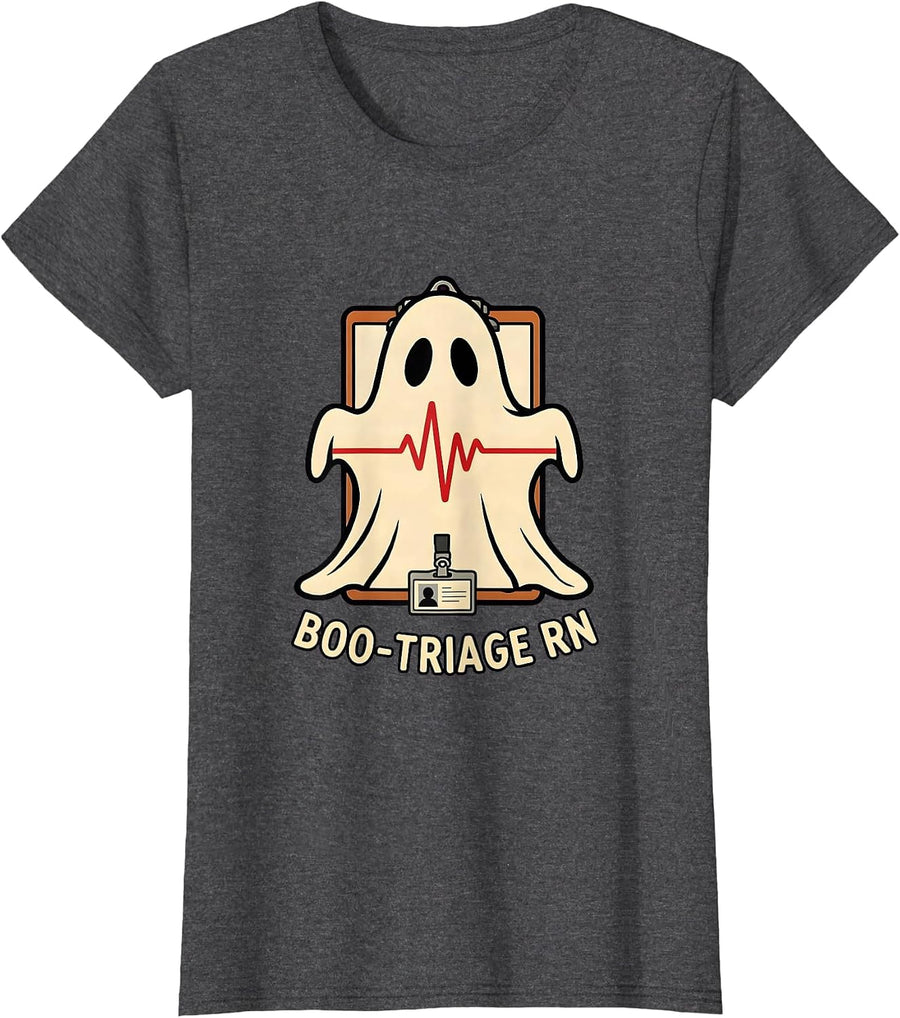 Women's Boo-Triage RN Funny Halloween Nurse Medical Humor T-Shirt - Dark Heather Grey