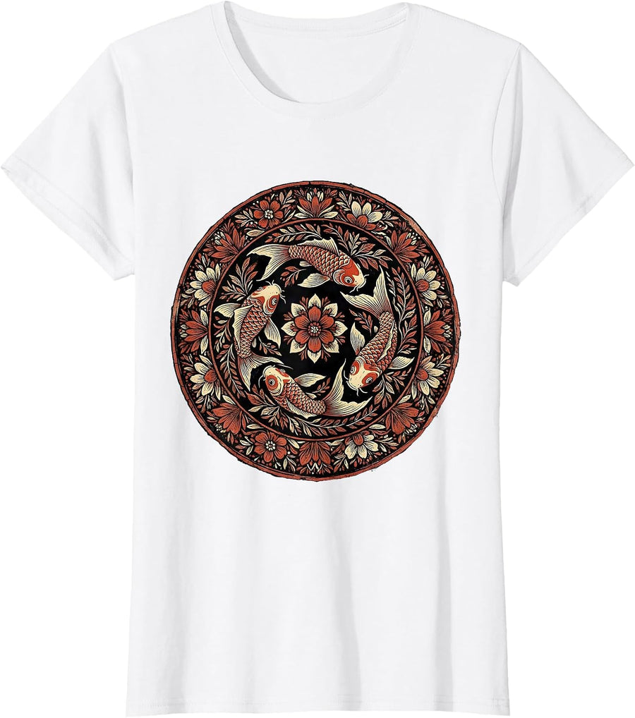 Women's Red White and Blue Koi Fish Swirl Design T-Shirt - White