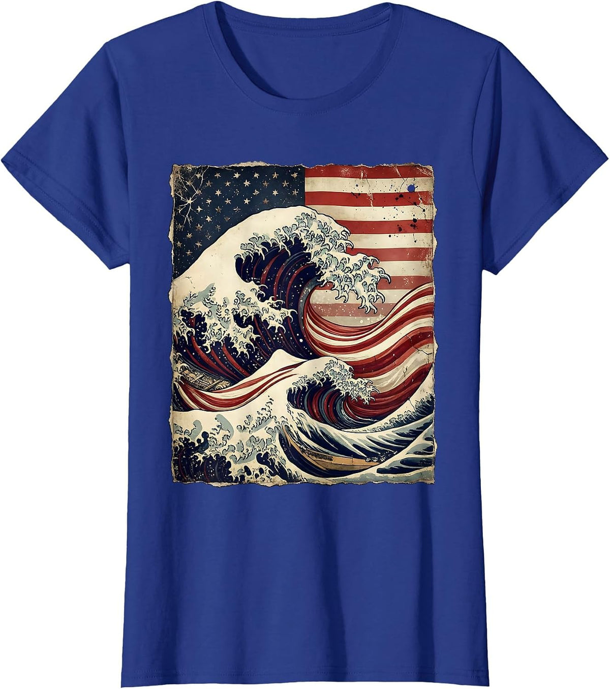 Women's American Flag Wave Curl Ocean Tide Graphic T-Shirt - Royal Blue