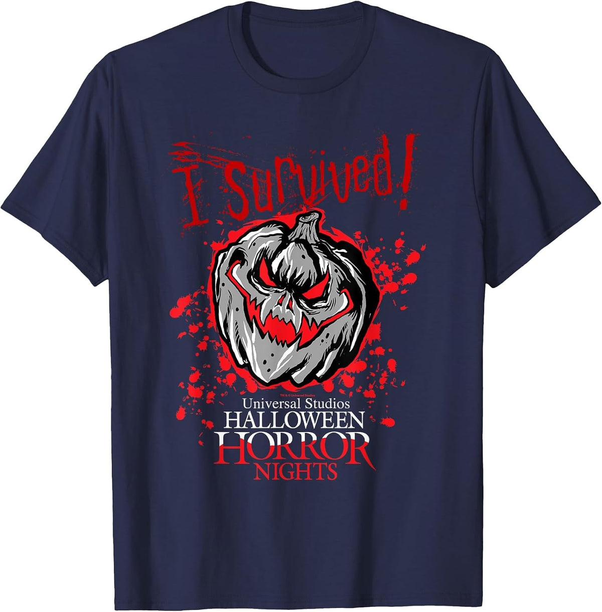 Halloween Horror Nights I Survived HHN Bloody Pumpkin T-Shirt - Navy Blue