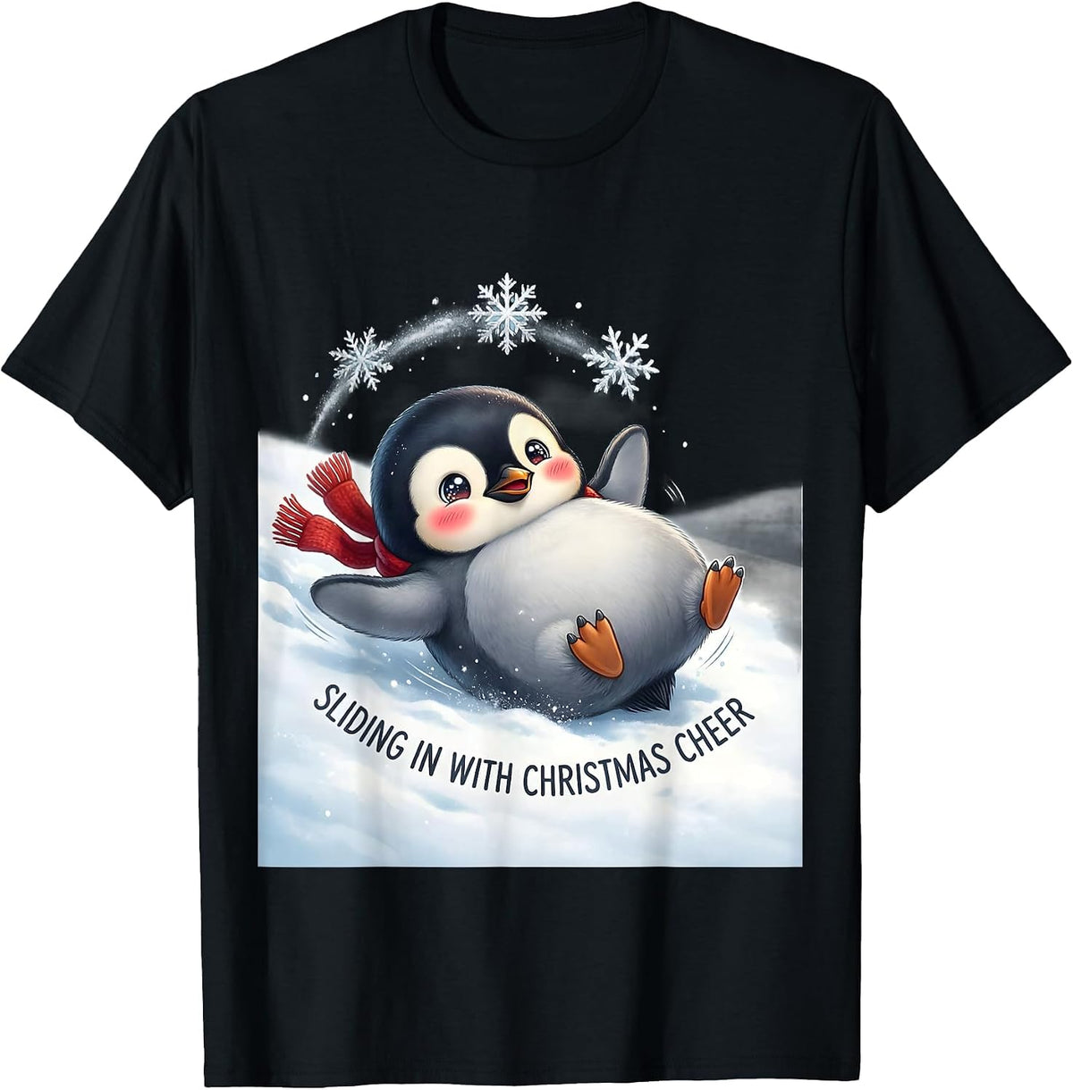 Men's Sliding In With Christmas Cheer Cute Kawaii Penguin Lover T-Shirt - Black