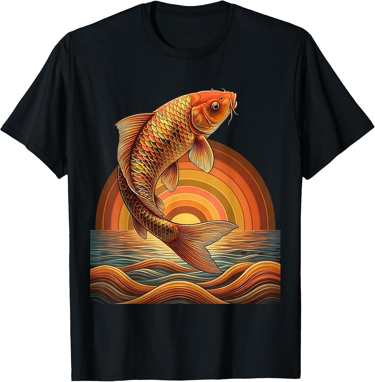 Rainbow Koi Fish Leaping From Water Illustration T-Shirt, Men, Black, XX-Large - As Pictured