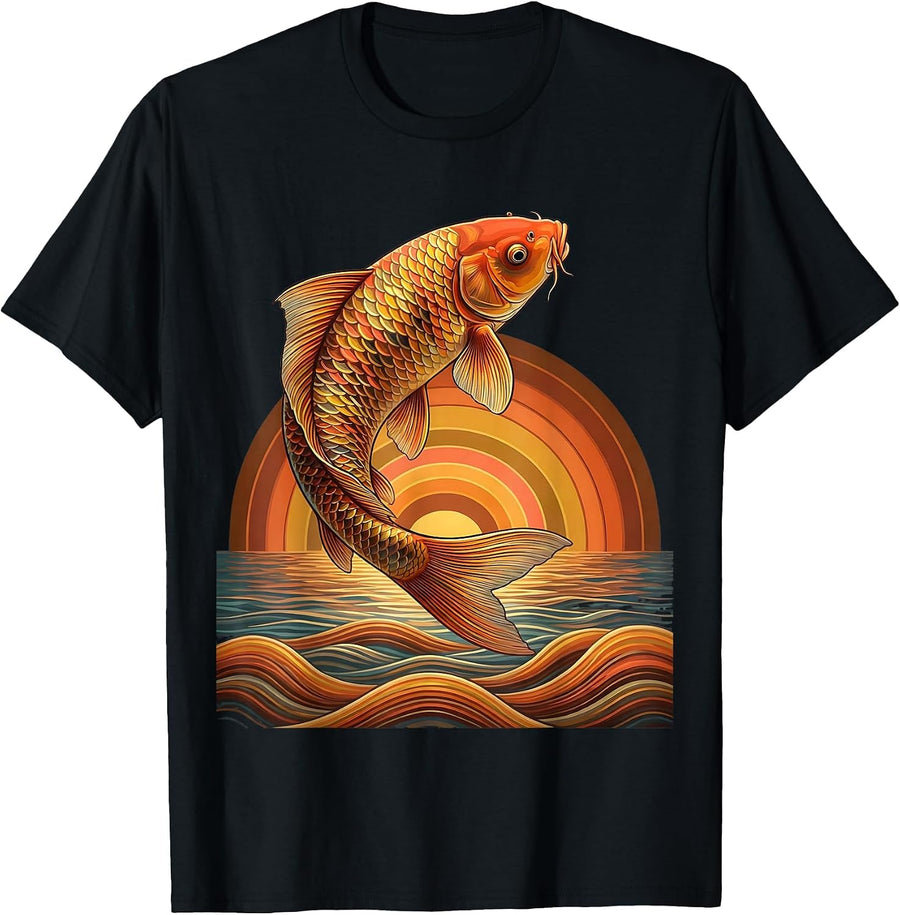 Rainbow Koi Fish Leaping From Water Illustration T-Shirt, Men, Black, XX-Large - As Pictured