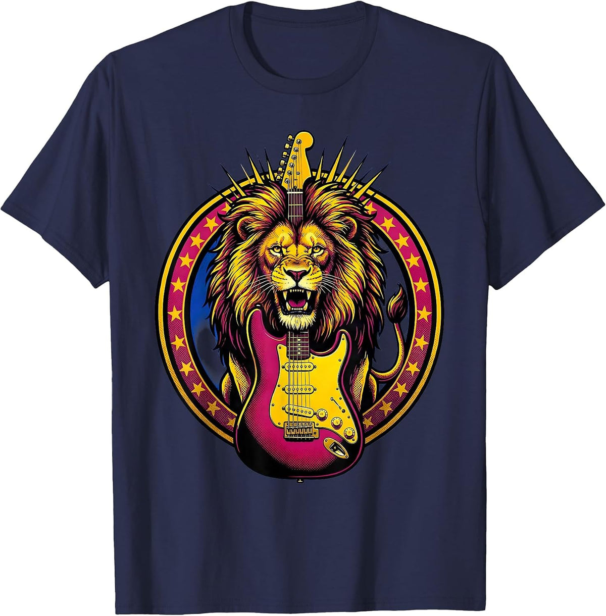 Roaring Lion Electric Guitar Classic Rock Design T-Shirt - Navy Blue