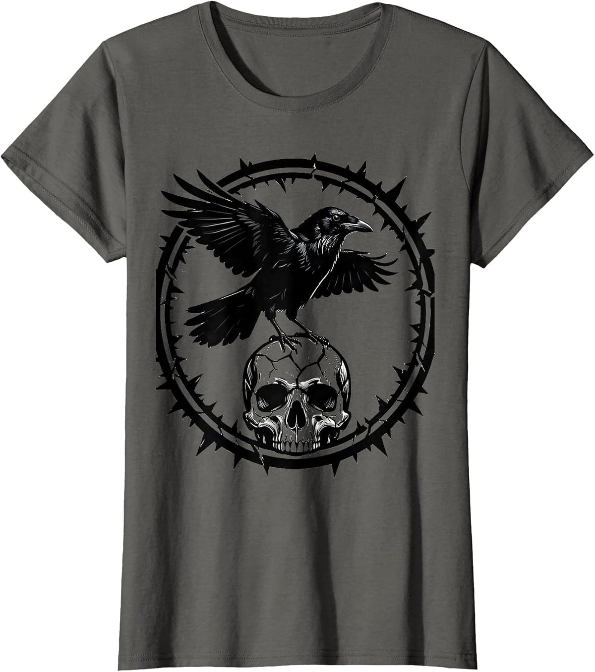 Women's Crow Perched on Skull Dark Gothic Horror Design T-Shirt - Asphalt Grey