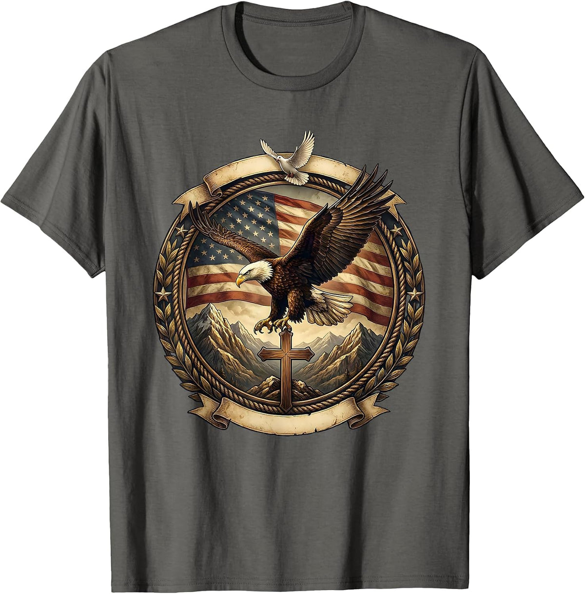 Men's Bald Eagle Soaring Over Mountain Peaks T-Shirt - Asphalt Grey
