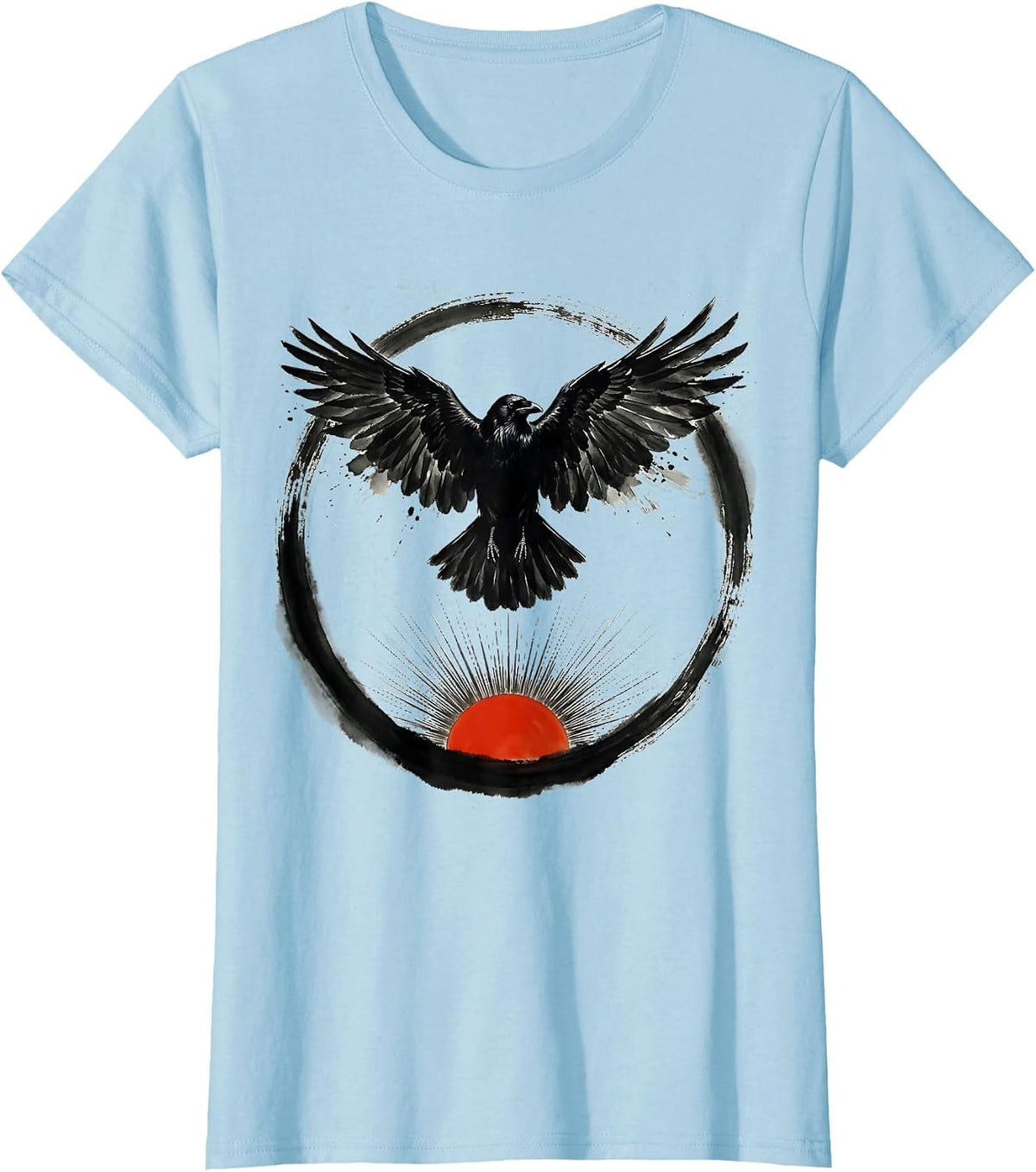 Women's Crow With Spread Wings Over Rising Sun Graphic T-Shirt - Baby Blue