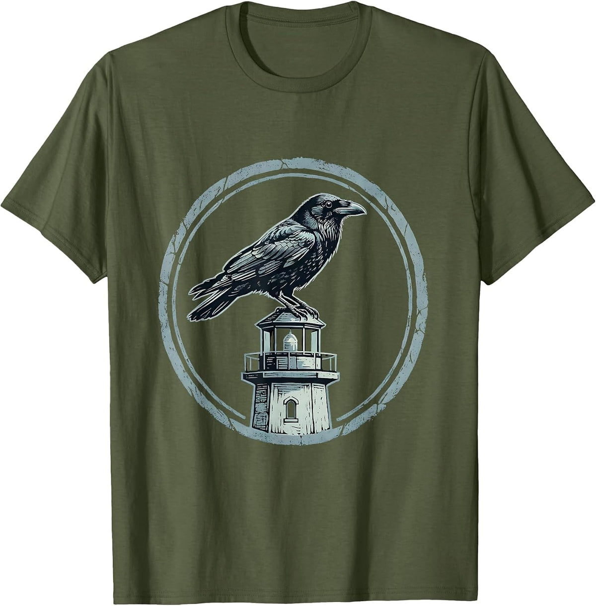 Men's Crow Perched on Old Lighthouse Illustration T-Shirt - Olive Green