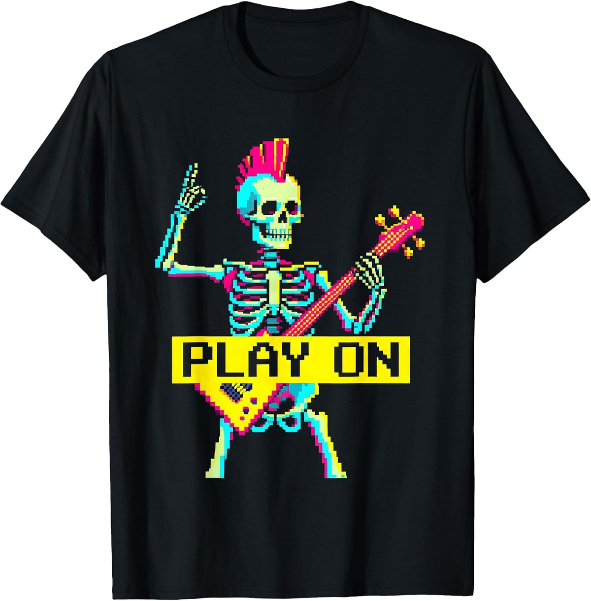Men's Play On Pixel Art Punk Rock Skeleton Skull Halloween Music T-Shirt - Black