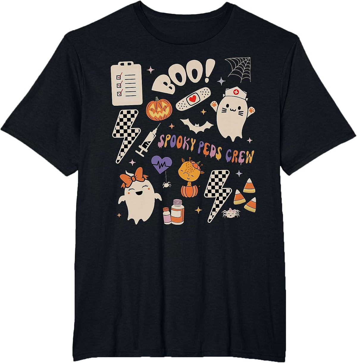 Boo Spooky PEDS Crew Ghost Pediatric Nurse Halloween T-Shirt - Black