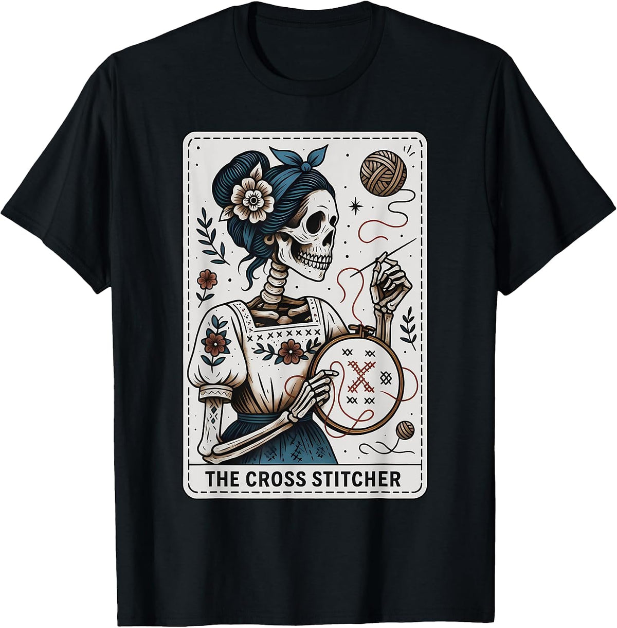 Cross Stitcher Tarot Card Skeleton Mom Stitching Sewing T-Shirt - Black
