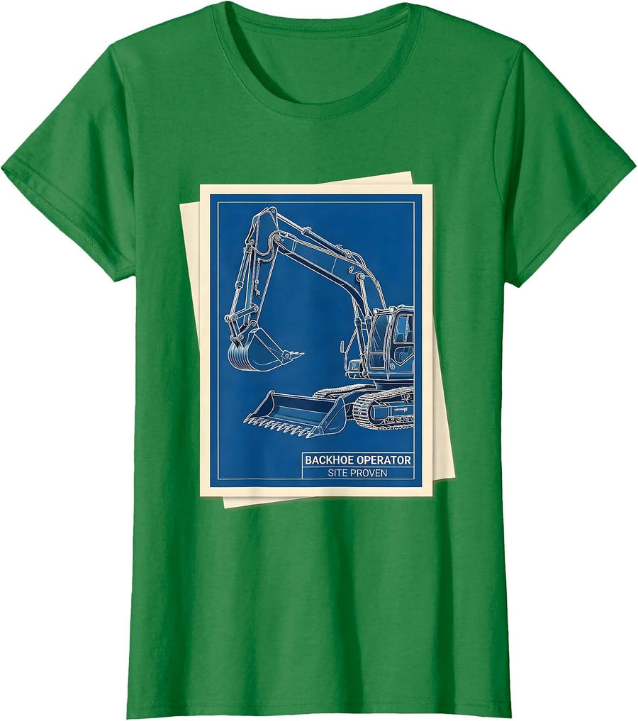 Women's Backhoe Operator Site Proven Technical Blueprint Heavy T-Shirt - Kelly Green