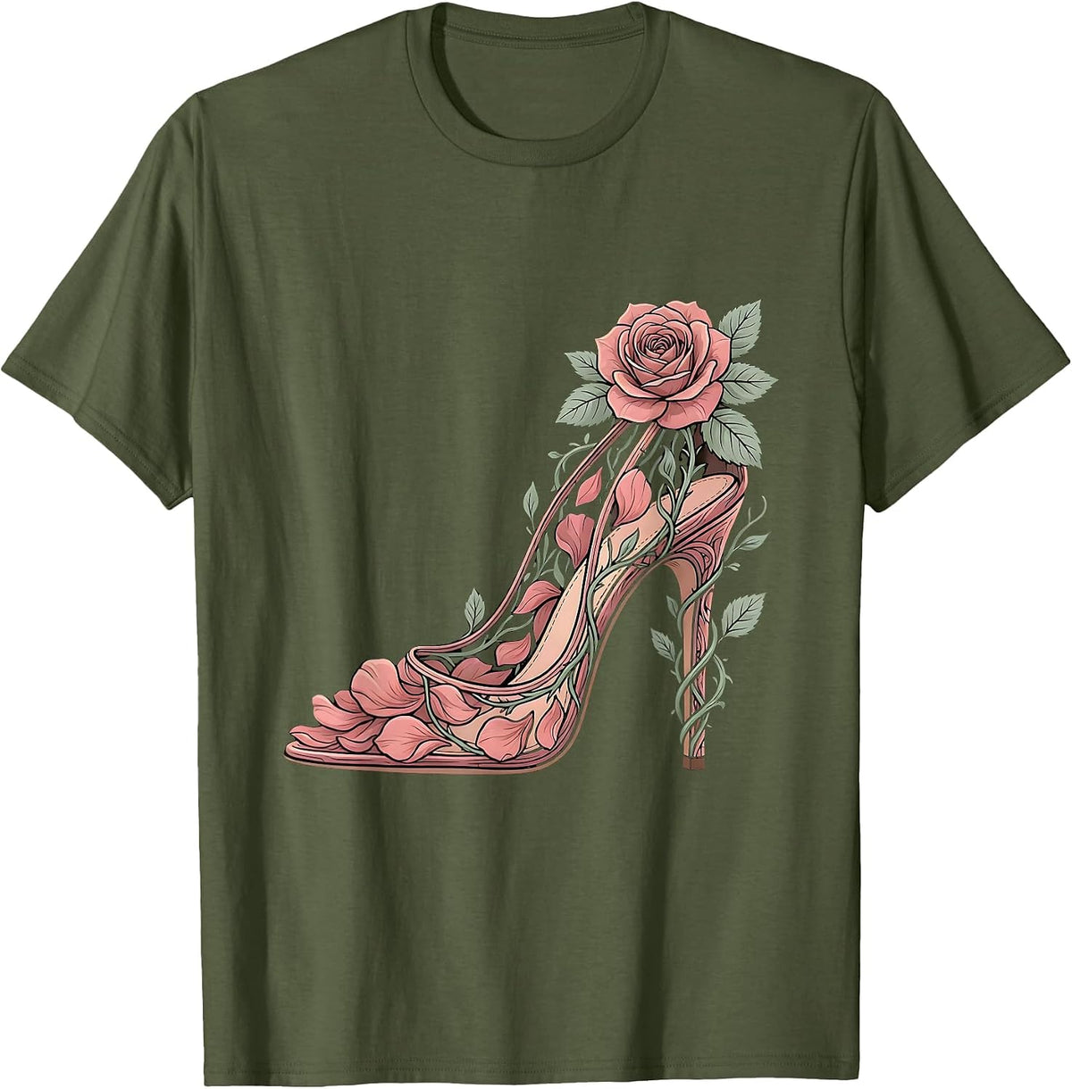 Men's Gigi High Heel Shoe Blooming Roses Floral Art T-Shirt - Olive Green