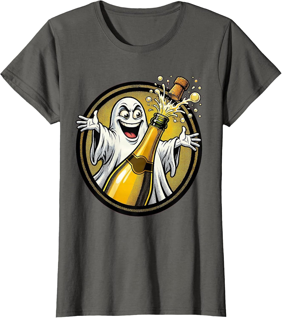 Women's Boo Jee Ghost Champagne Bottle Pop Art T-Shirt - Asphalt Grey