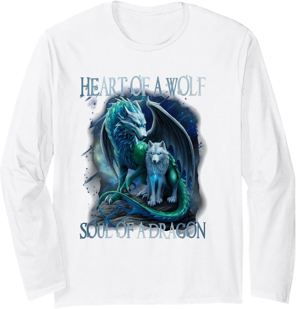 Heart of Wolf Soul of A Dragon - Cool Dragon - Wolf Warrior Long Sleeve T-Shirt - Adult Unisex White