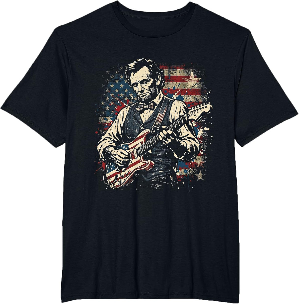 Abraham Lincoln President Playing Guitar US Flag 4th of July T-Shirt - Black