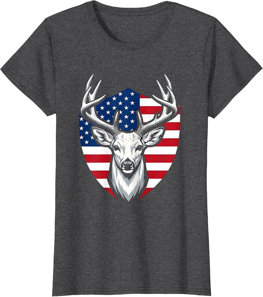 Women's Whitetail Buck Shield Patriotic Deer Hunting Dad Humor T-Shirt - Dark Heather Grey