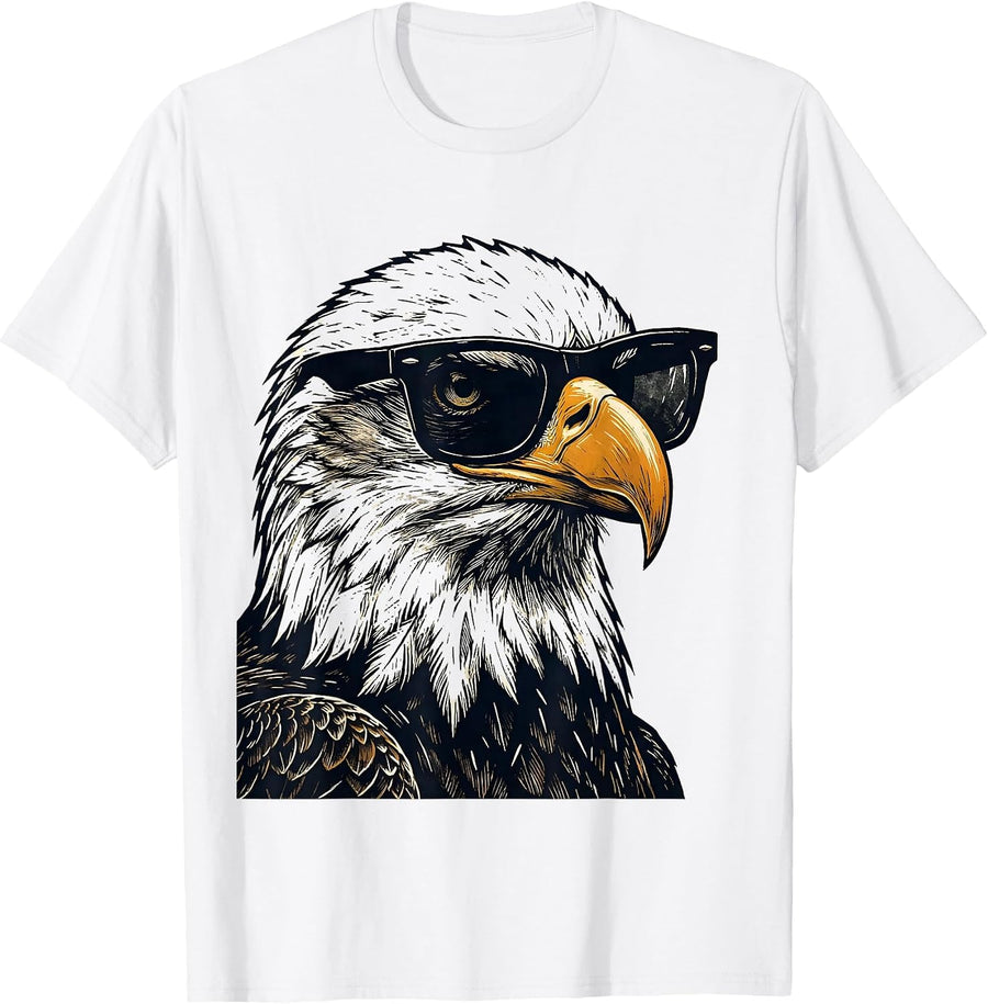 Men's Bald Eagle Linocut Mascot Humor Novelty Eagle Lover T-Shirt - White