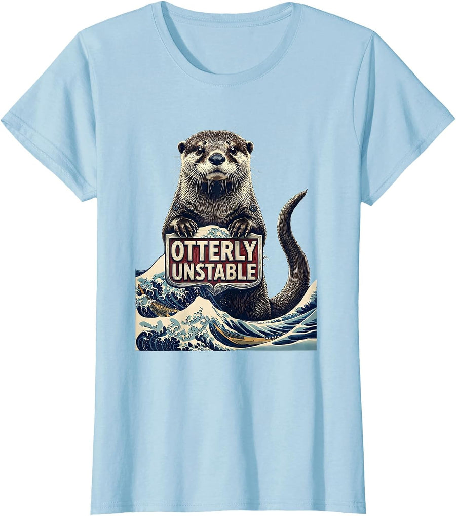 Women's Otterly Unstable Ukiyo-e Funny Otter Lover Humor T-Shirt - Baby Blue