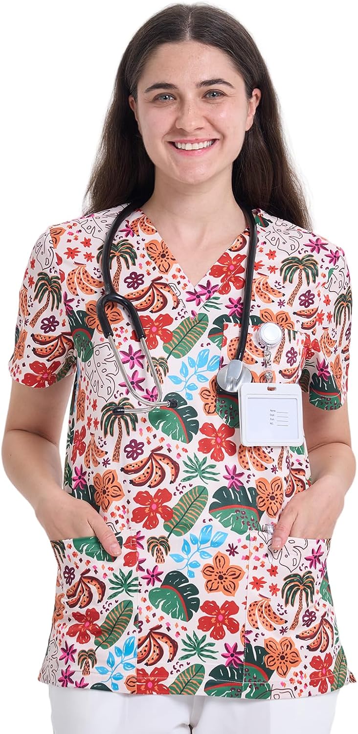 Printed Scrub Tops for Women, V-Neck Nurse Shirt, 3 Pockets - Rainforest