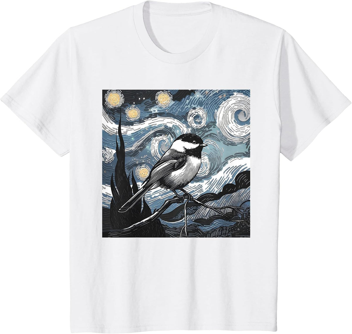 Black Capped Chickadee Bird Lover Starry Night Art Van Gogh T-Shirt - White