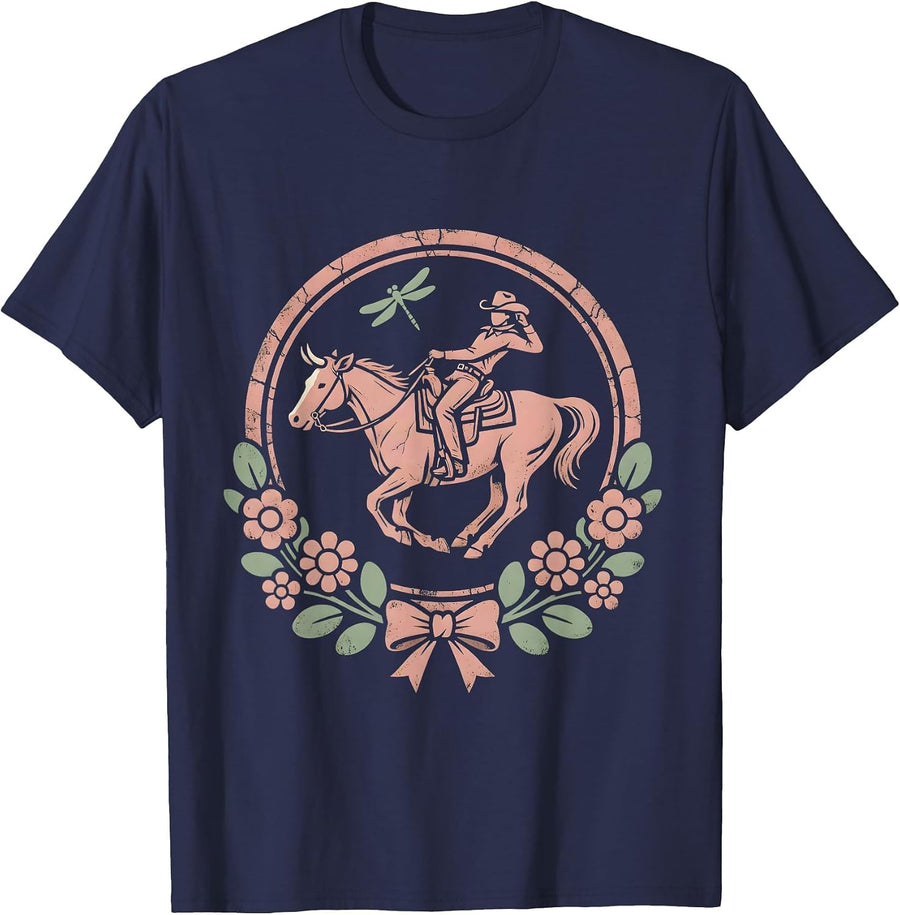 Barrel Racer Leaning Into Turn Cowgirl Design T-Shirt - Navy Blue