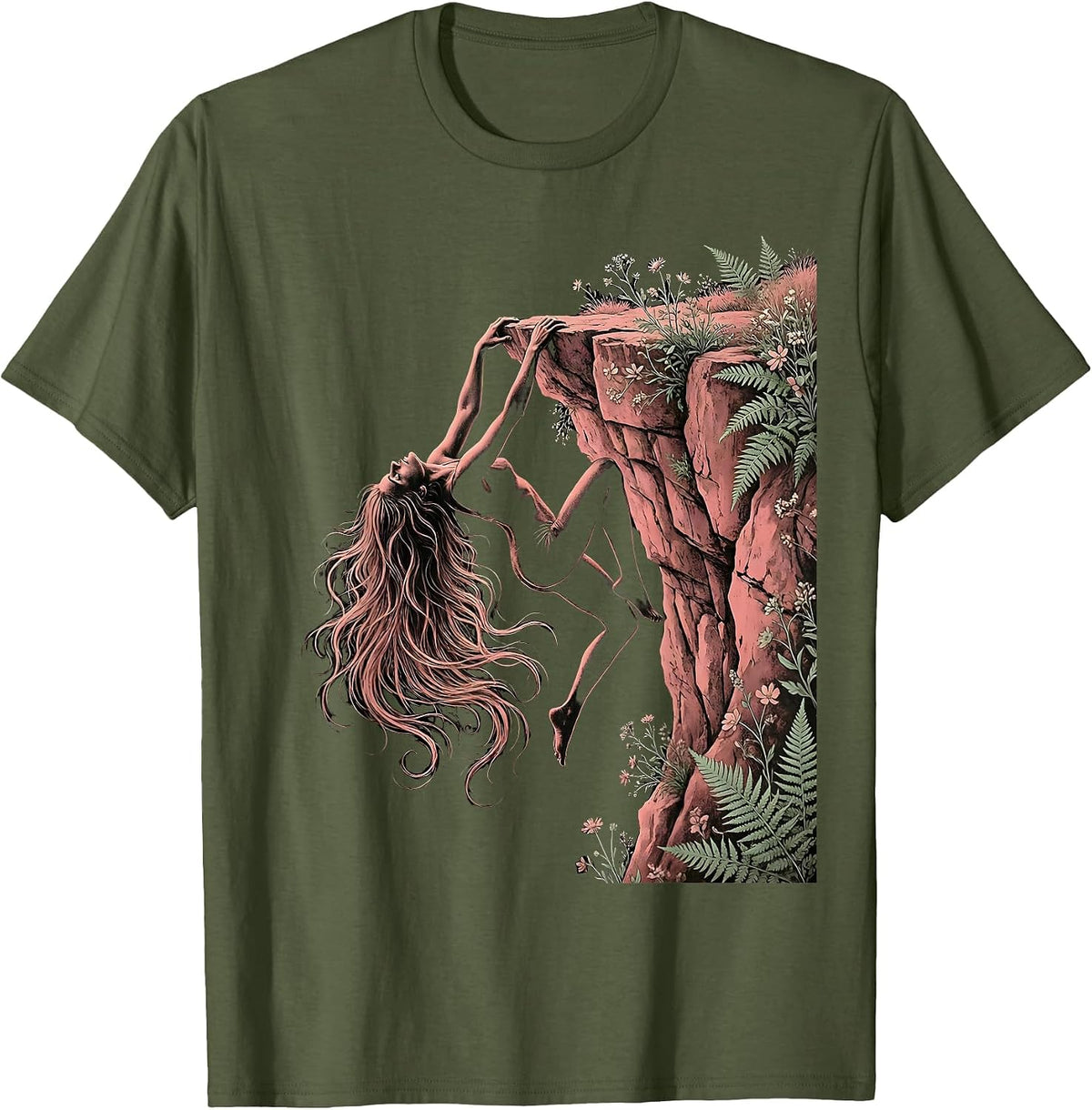 Do It Lady Rock Climber Cliff Hanging Graphic T-Shirt - Olive Green