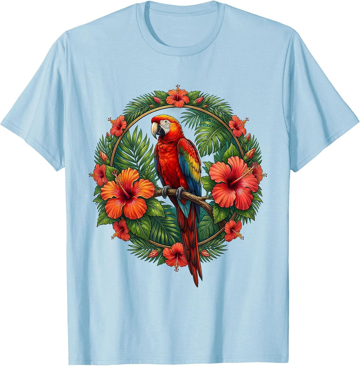 Colorful Parrot on Hibiscus Branch Hawaiian Design T-Shirt - Baby Blue