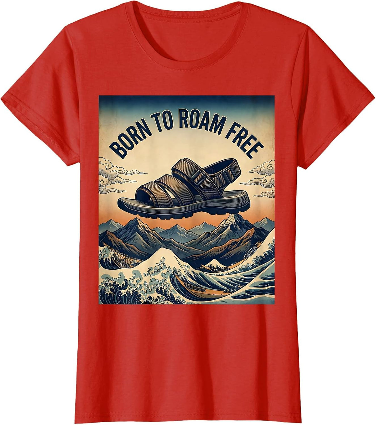 Born to Roam Free Adventure Hiking Sandals Design T-Shirt - Red