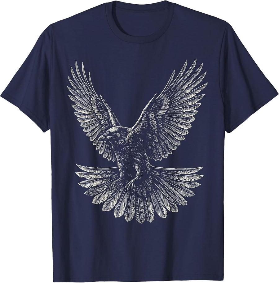 Crow in Flight Spread Wings Graphic Tee T-Shirt - Navy Blue