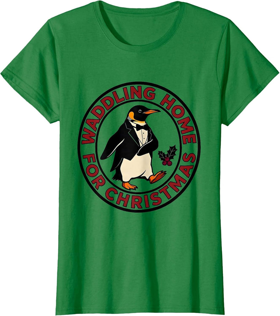 Women's Waddling Home For Christmas Funny Penguin Lover Christmas T-Shirt - Kelly Green