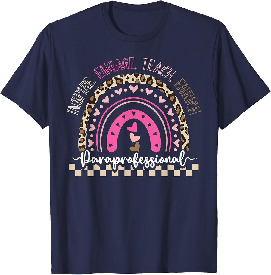 Paraprofessional Teacher para Rainbow Leopard Back to T-Shirt - Navy Blue