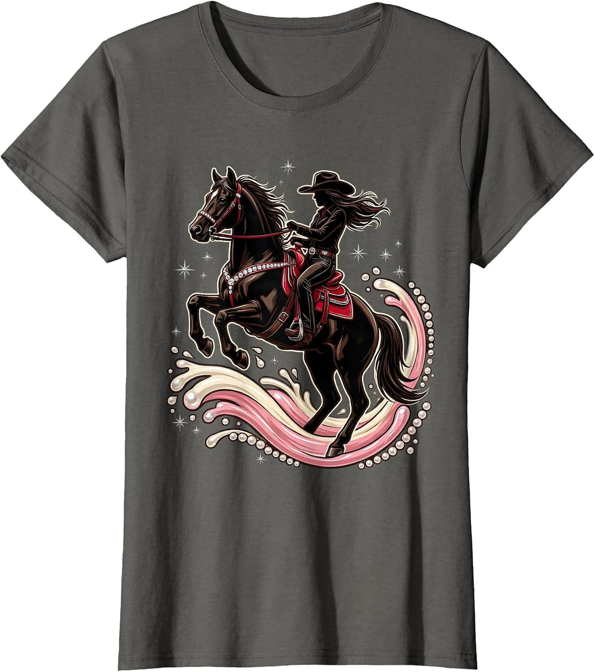 Women's Cowgirl Riding Horse Through River Splash T-Shirt - Asphalt Grey