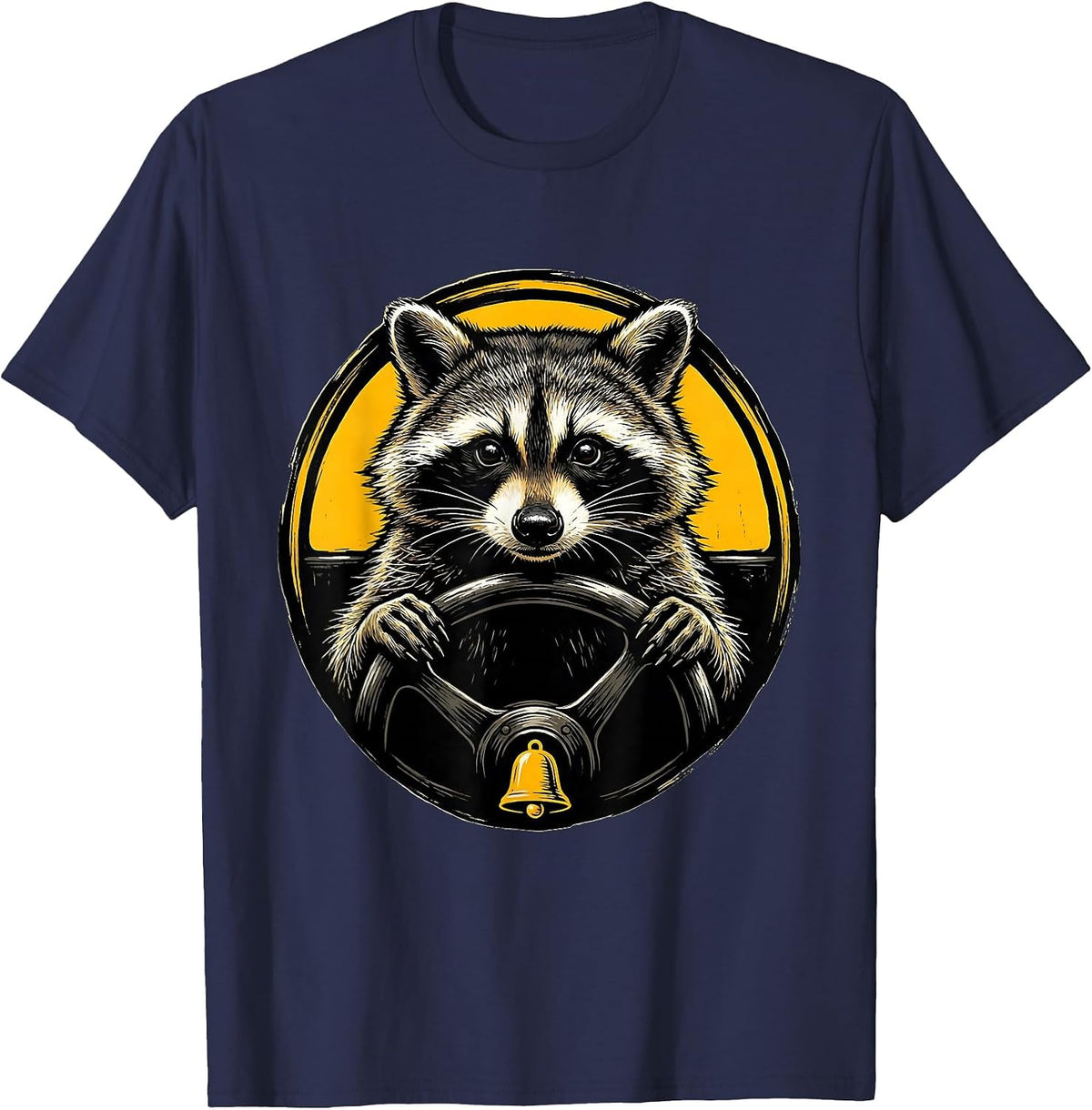 Men's Raccoon School Bus Driver Linocut Funny Animal Meme T-Shirt - Navy Blue
