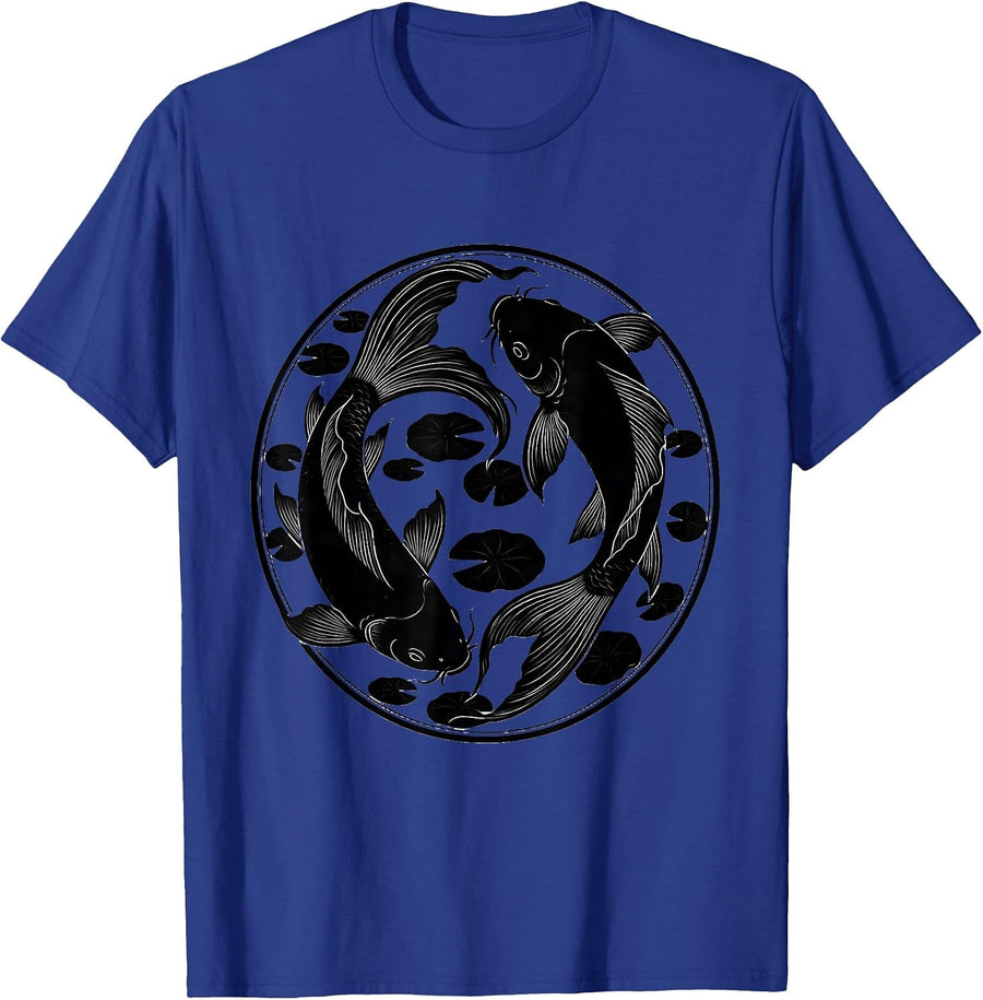 Koi Fish Swirling Pond Circular Art Design T-Shirt - Royal Blue