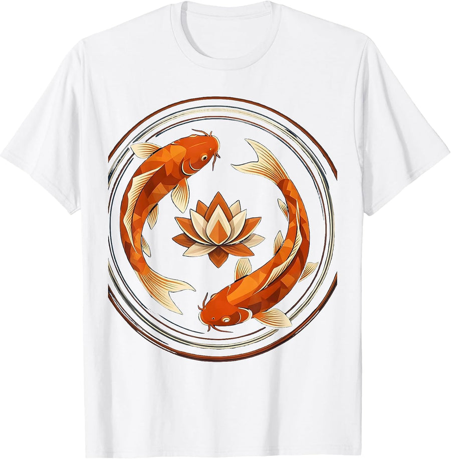 Koi Fish and Lotus Flower Swirl Design T-Shirt - White