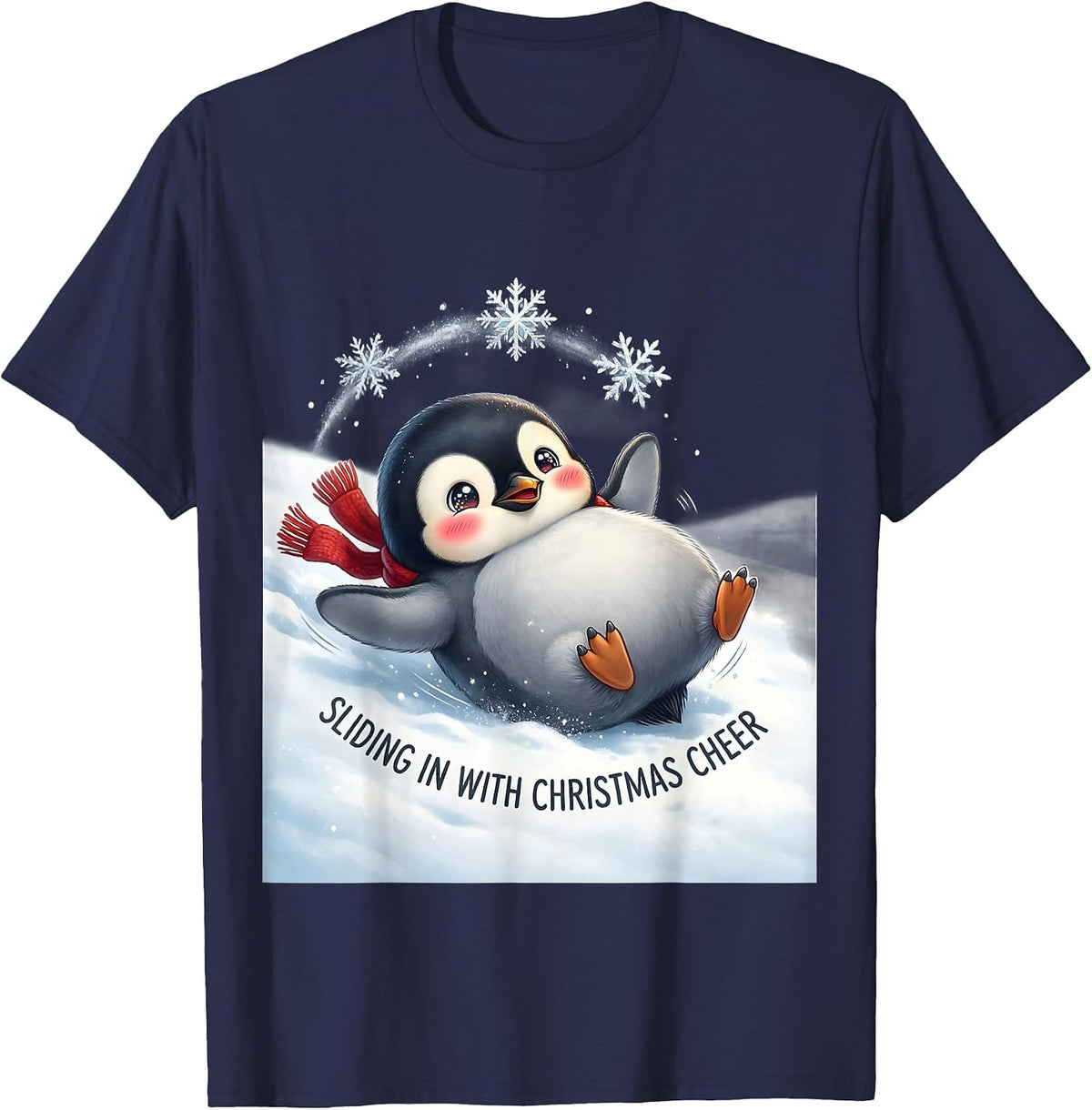 Men's Sliding In With Christmas Cheer Cute Kawaii Penguin Lover T-Shirt - Navy Blue