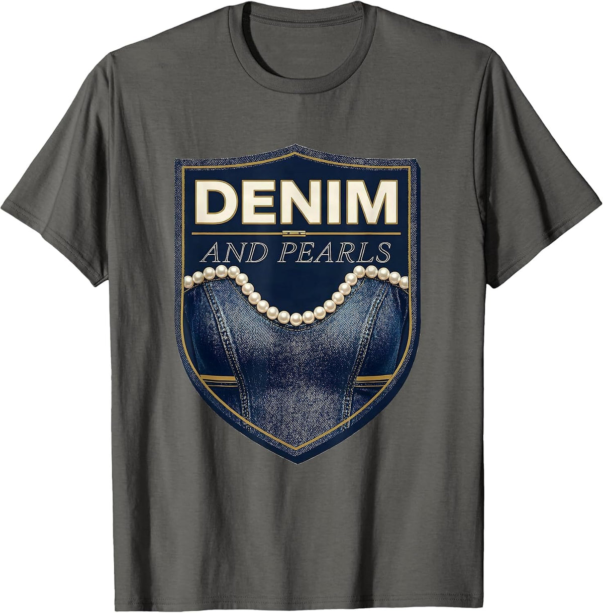 Denim And Pearls Glam Vintage Ladies Fashion Party Top T-Shirt - Asphalt Grey