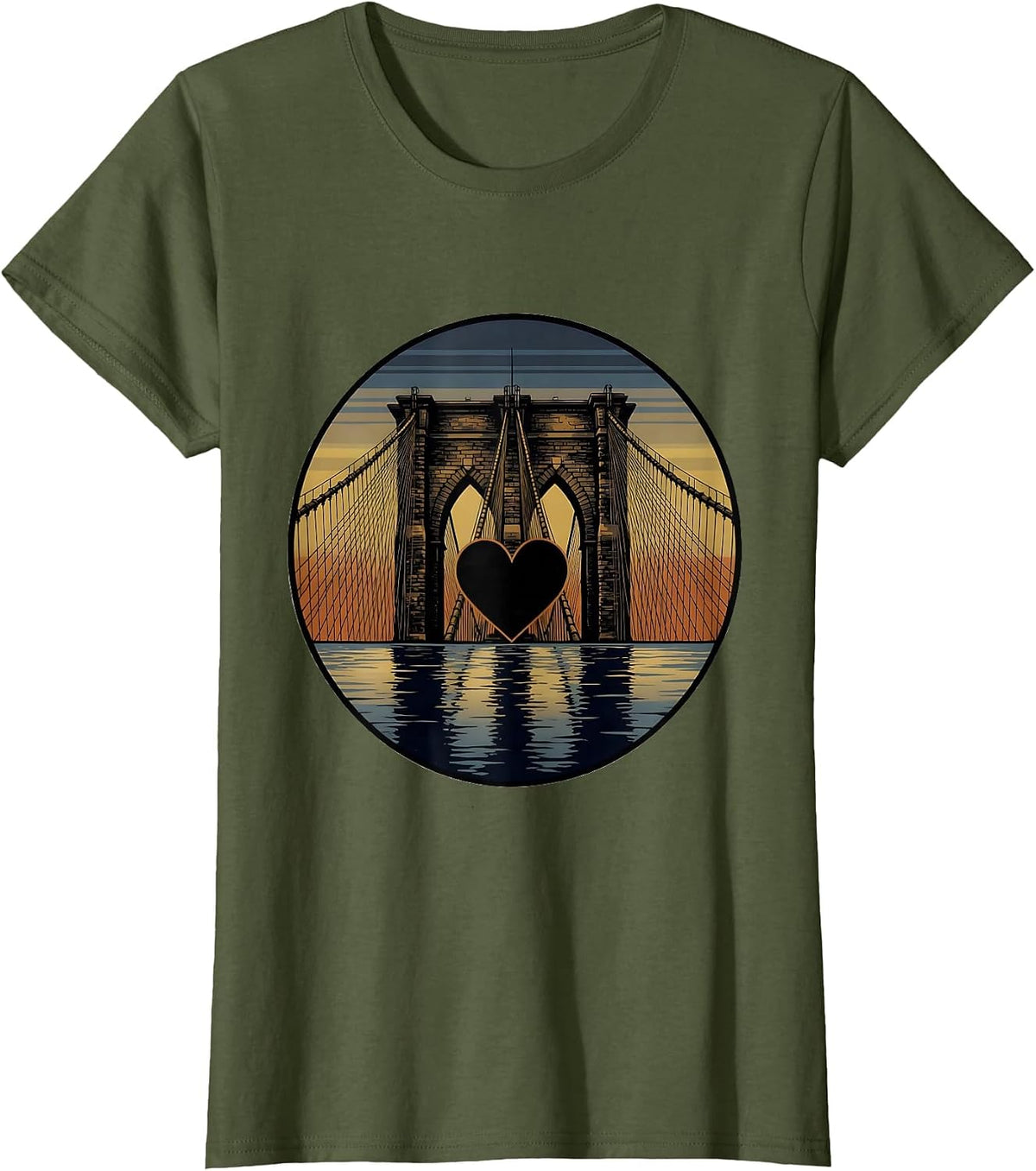 Women's Brooklyn Bridge Dusk Cables New York Graphic T-Shirt - Olive Green